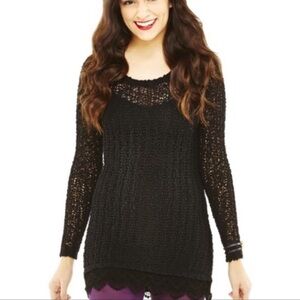 Bethany Mota Black Open Knit Crochet Sweater Tunic Top Dress XS Long Sleeve